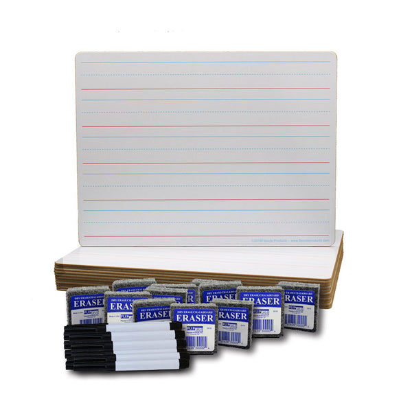 Red & Blue Ruled/Dry Erase Dual Sided Board + Pen + Student Eraser Set, 12 Sets