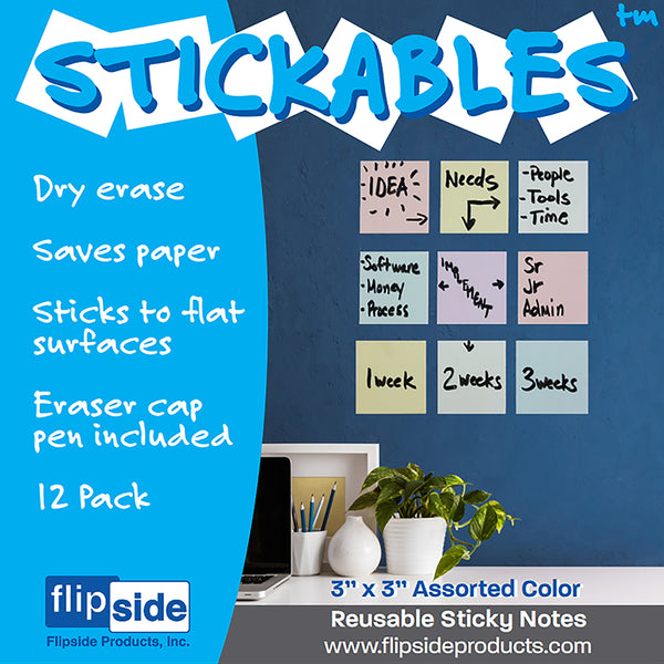 Dry Erase Stickables with Dry Erase Marker, Pastel Assorted, 3" x 3", Pack of 12